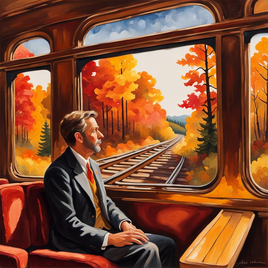 Autumn Train Journey in Impressionist Style