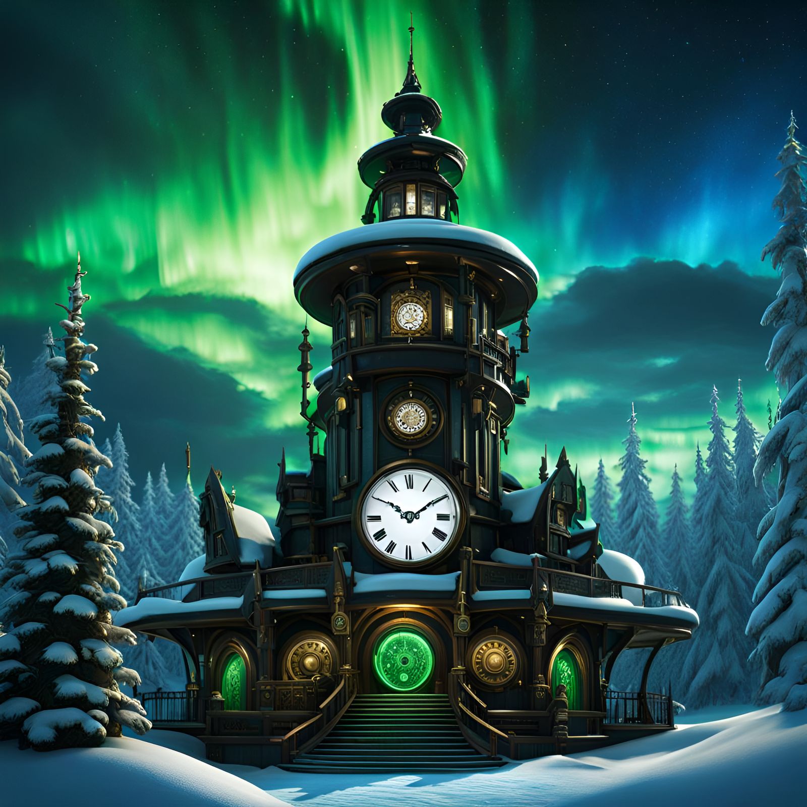 Steampunk Clock Tower in Winter Wonderland