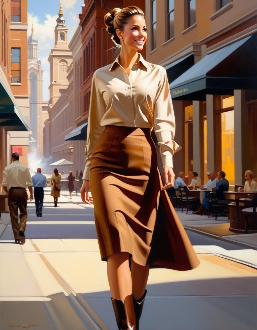 Confident Businesswoman Walking in City, Oil Painting Style