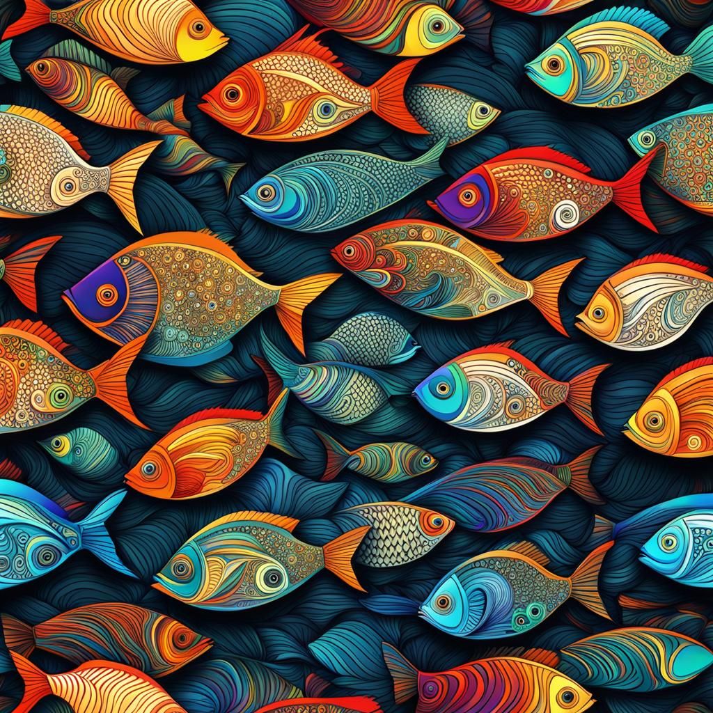 Colorful Stylized Fish Shoal in Abstract Fractal Design