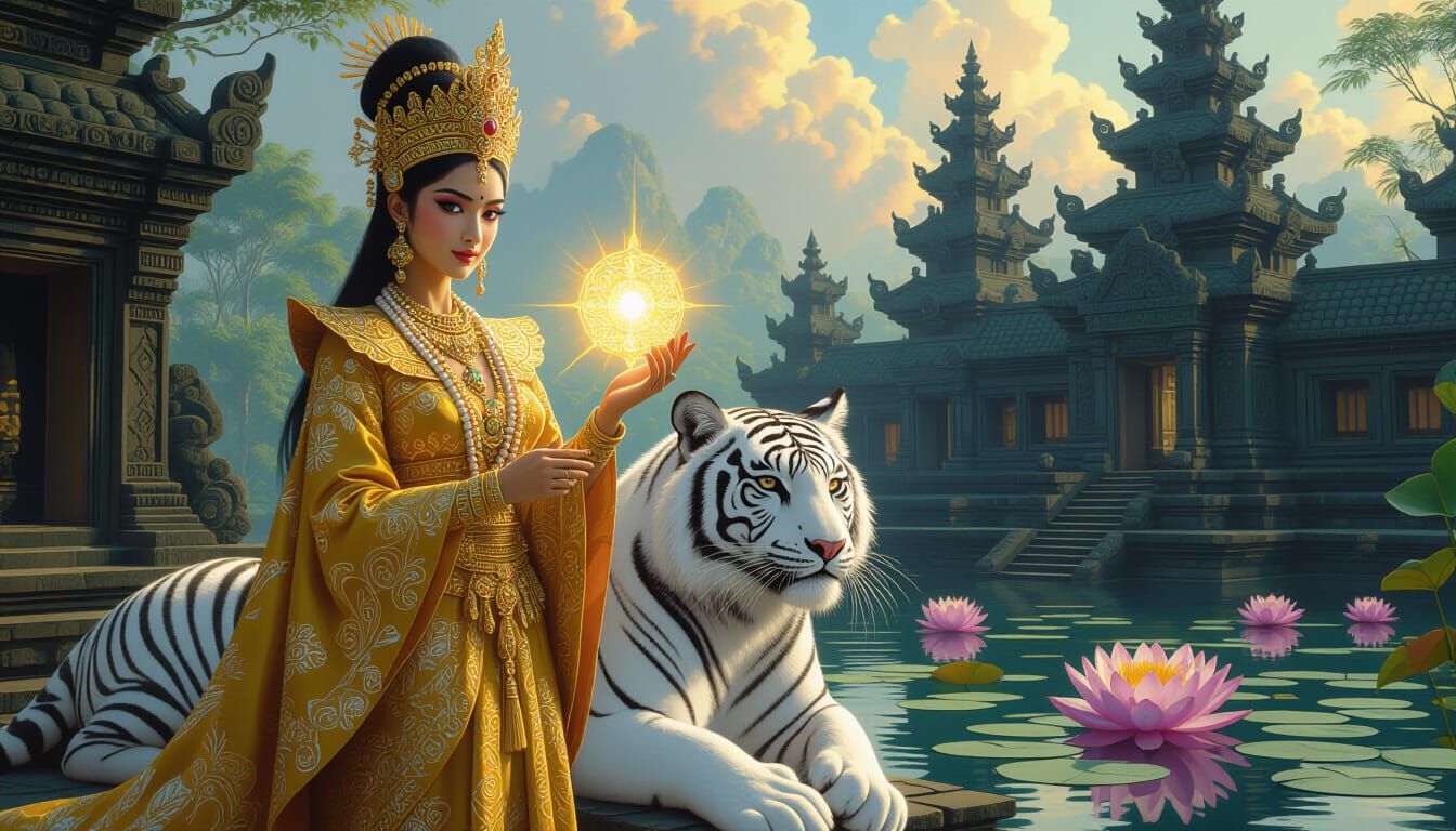 Mystical Sundanese Queen with White Tiger in Epic Fantasy St...