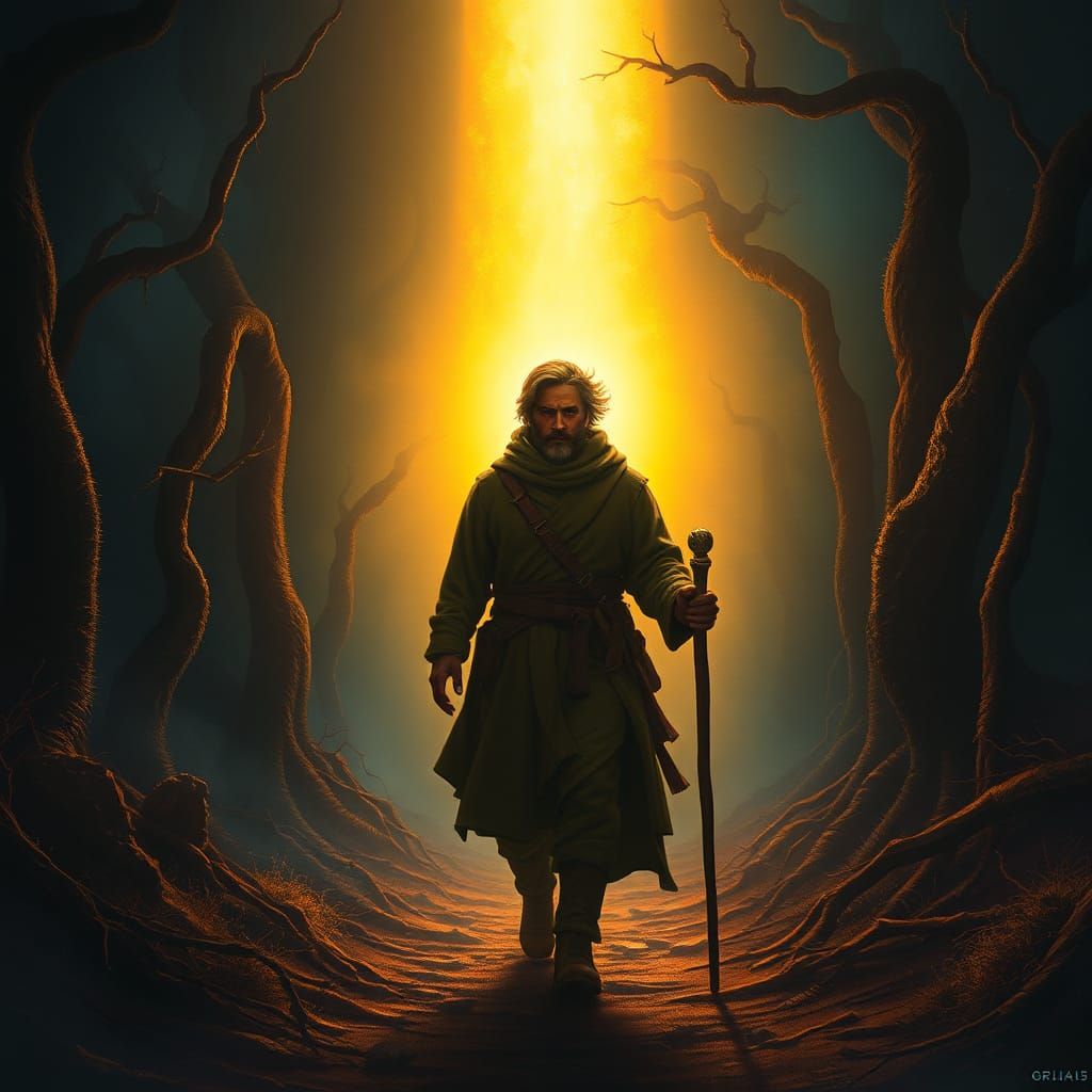 Figure in Dark Valley with Golden Light