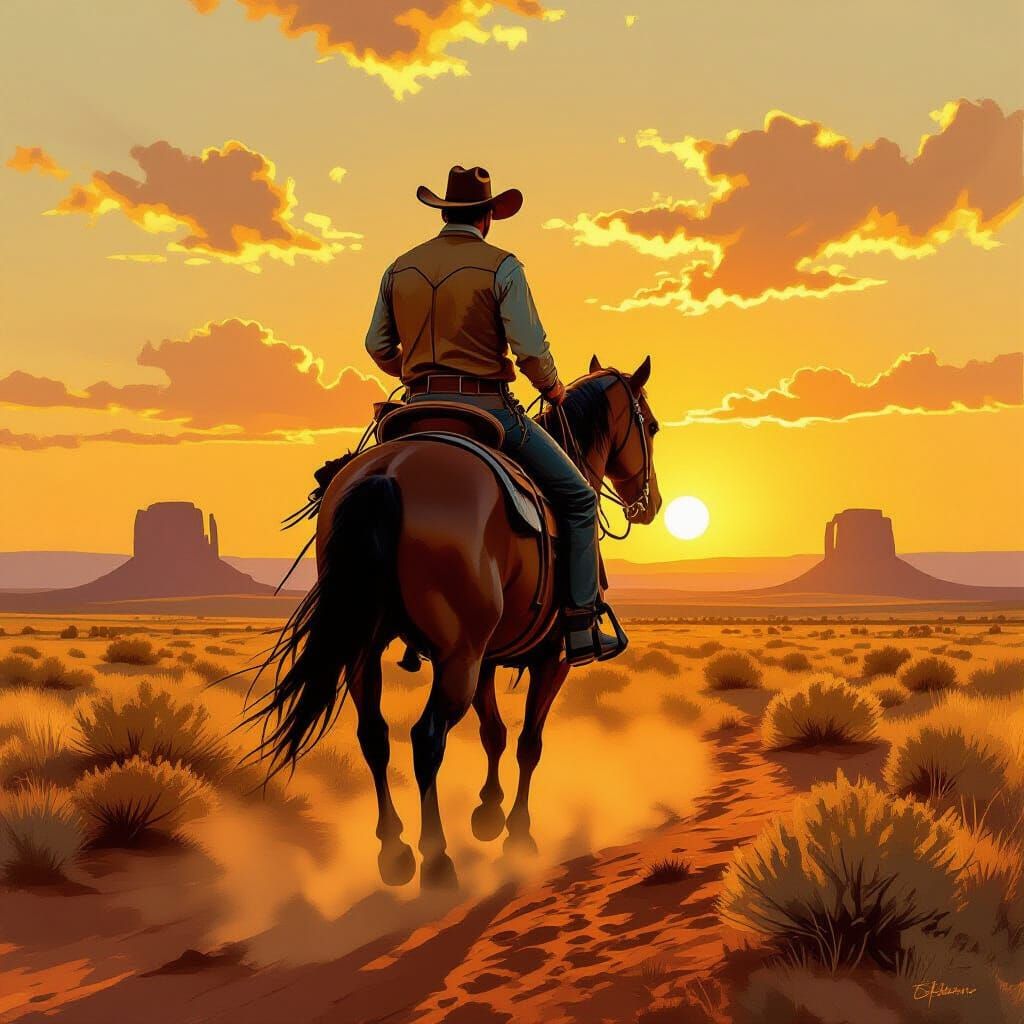 Rugged Cowboy Rides Horse at Golden Hour Oil Painting