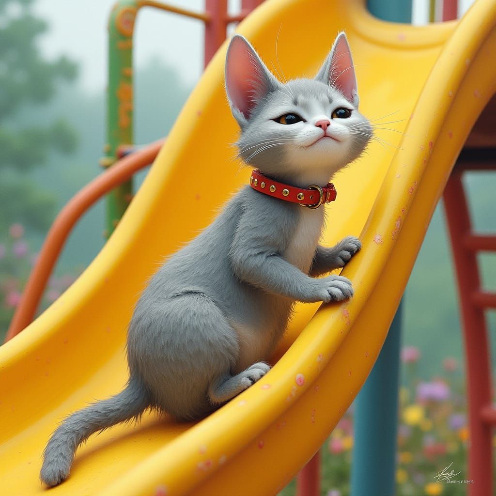 Whimsical Feline Playground Adventure in Watercolor Style