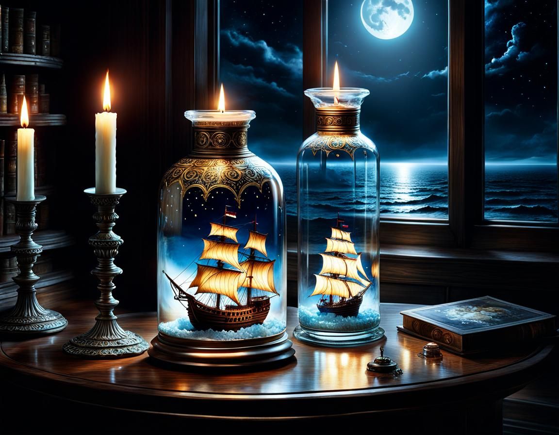 Candles and ships inside glass bottle