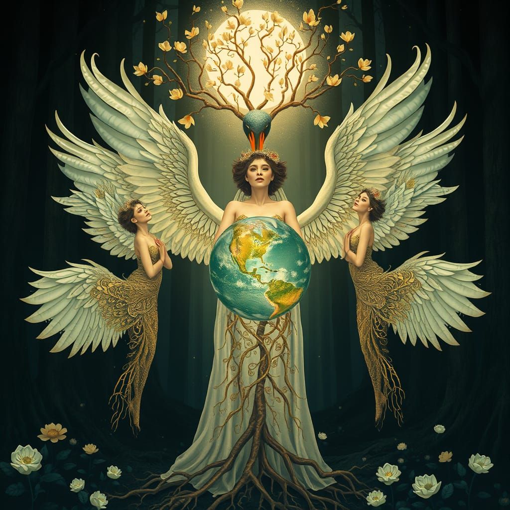 Women with Swan Wings Rise from the Earth in a Dreamlike, Sy...