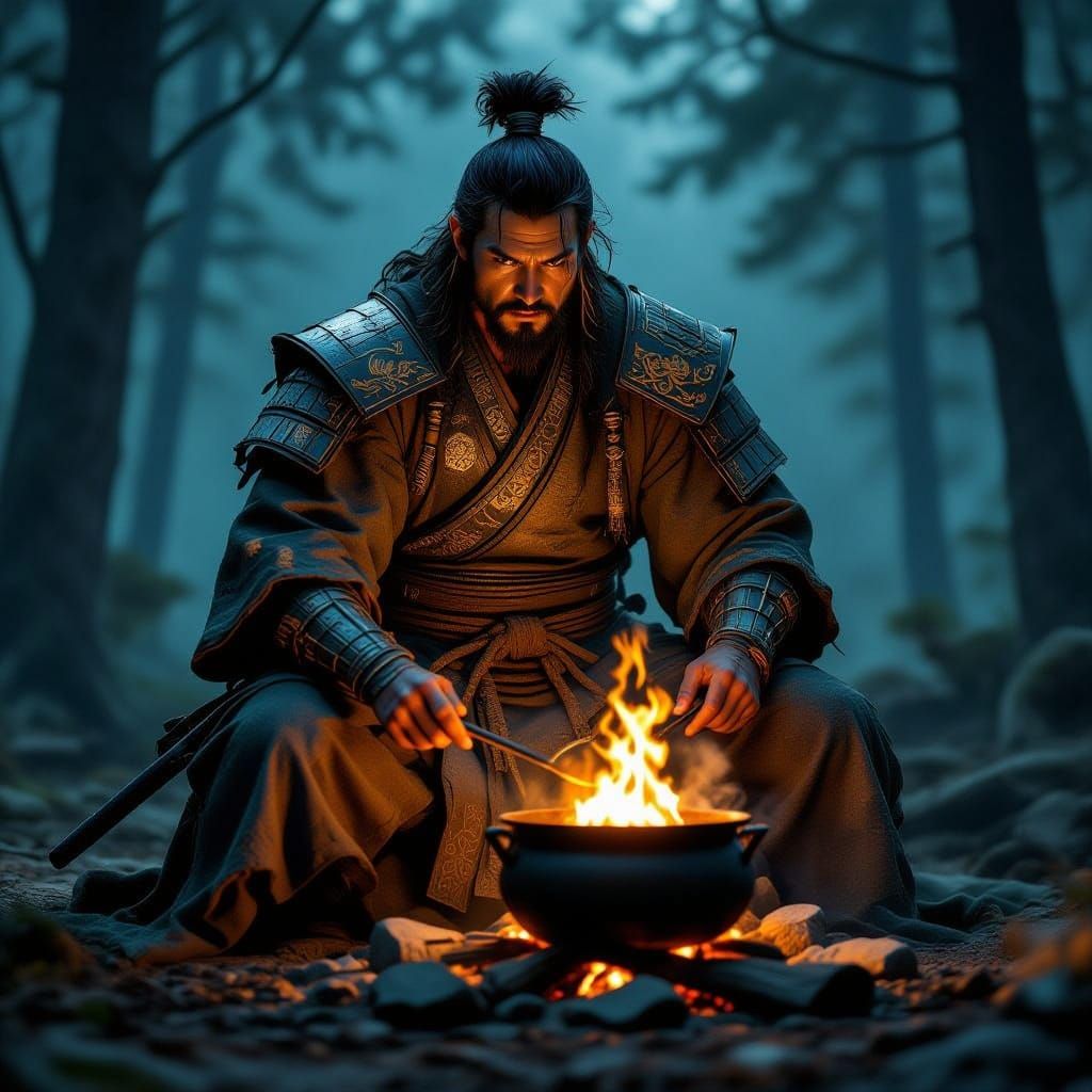 Warrior's Camp in a Dark Fantasy Forest