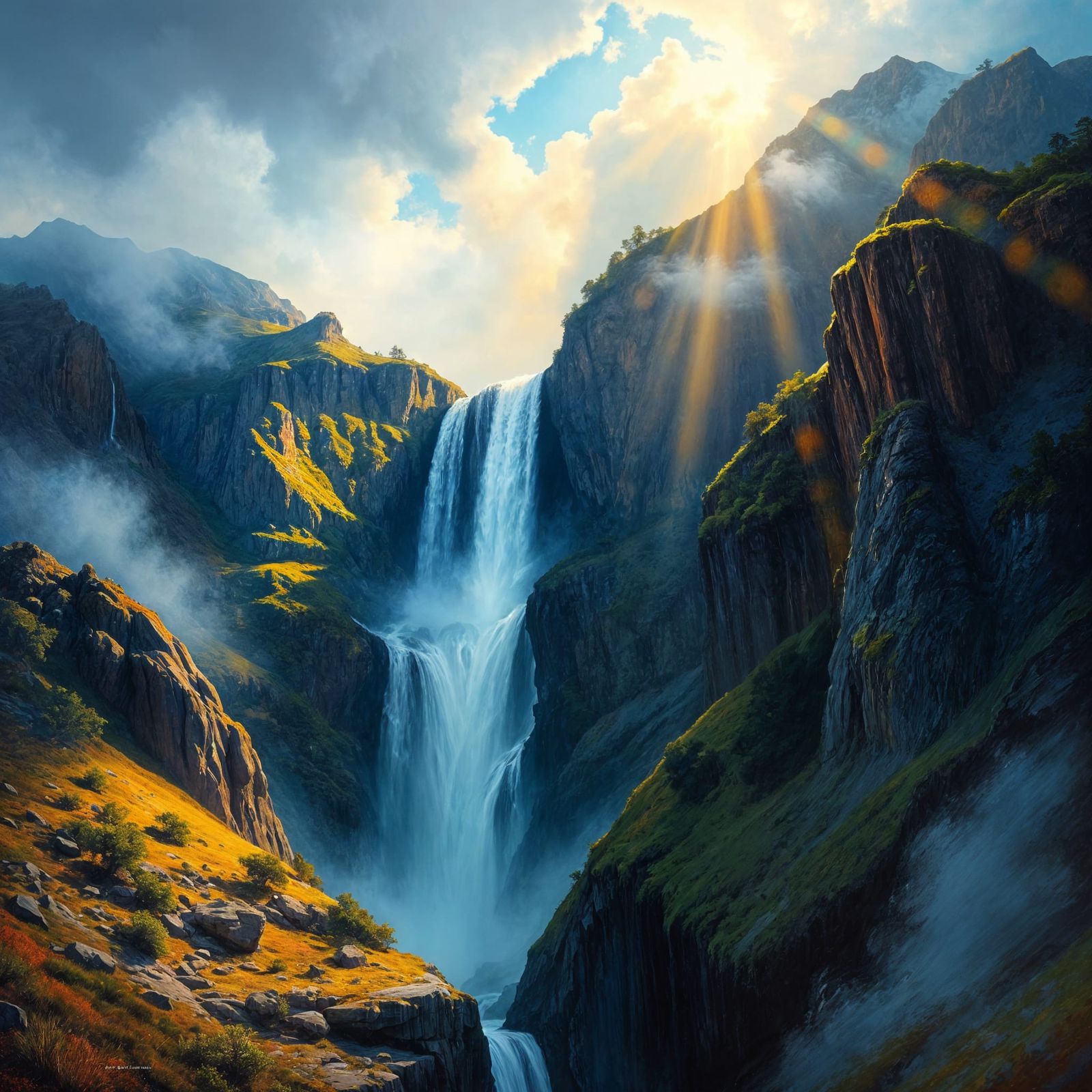 Dramatic Waterfall in the Mountains: Award-Winning Painting
