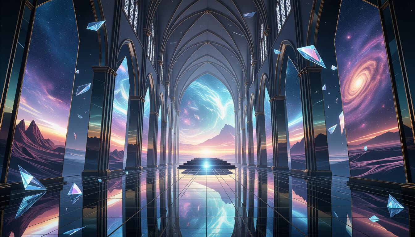 Cosmic Cathedral of Infinite Worlds in Mirrored Halls