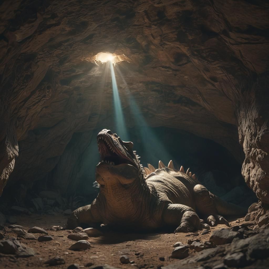 Dinosaur Sleeping in Cave with Cinematic Lighting