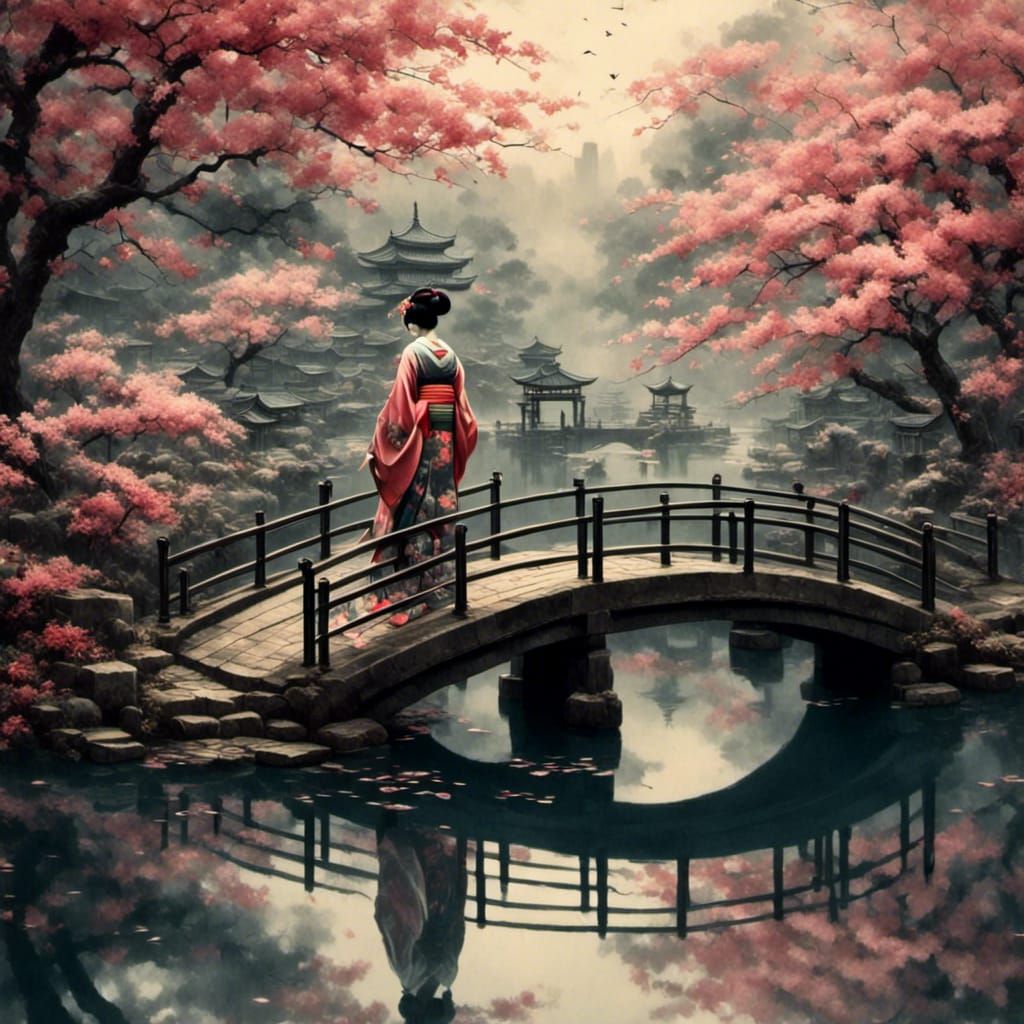 Geisha in Water Garden: Ukiyo-e Style