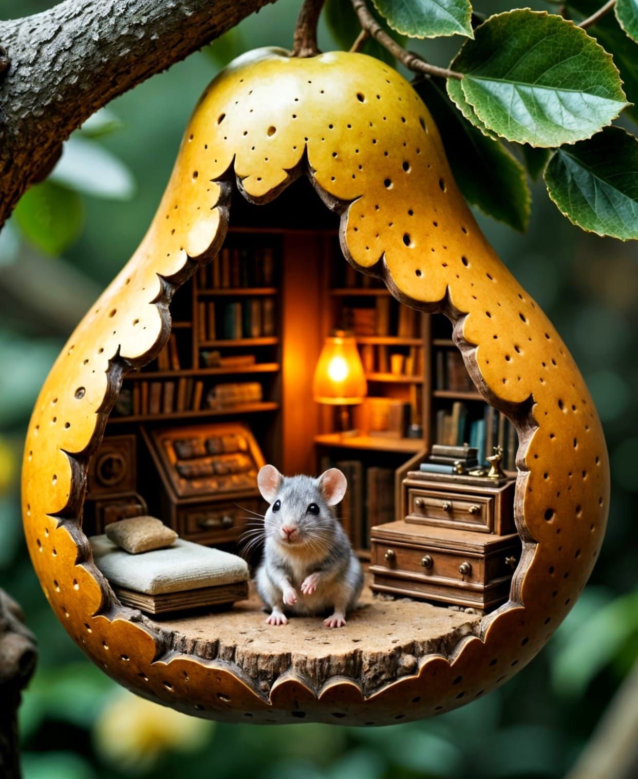 Mouse's Tiny Home Inside a Pear