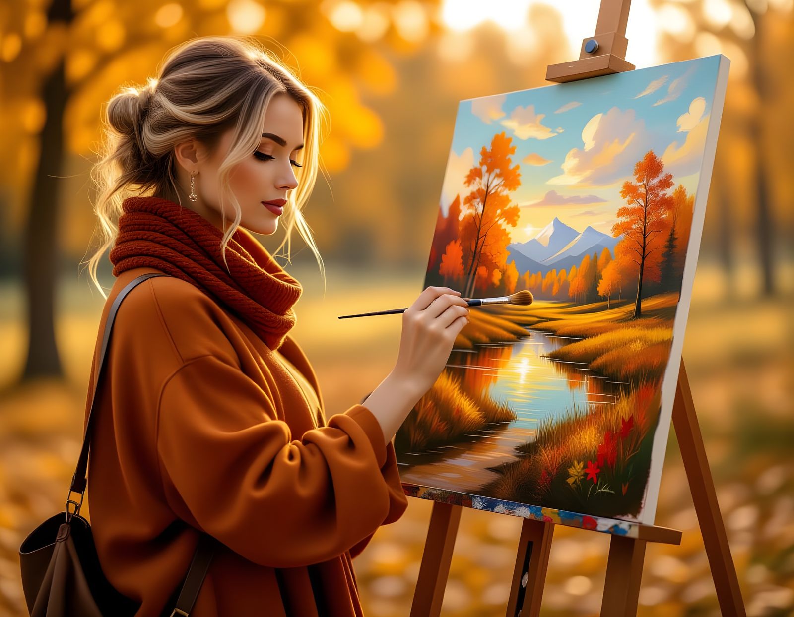 Autumn Woman Paints a Colorful Landscape