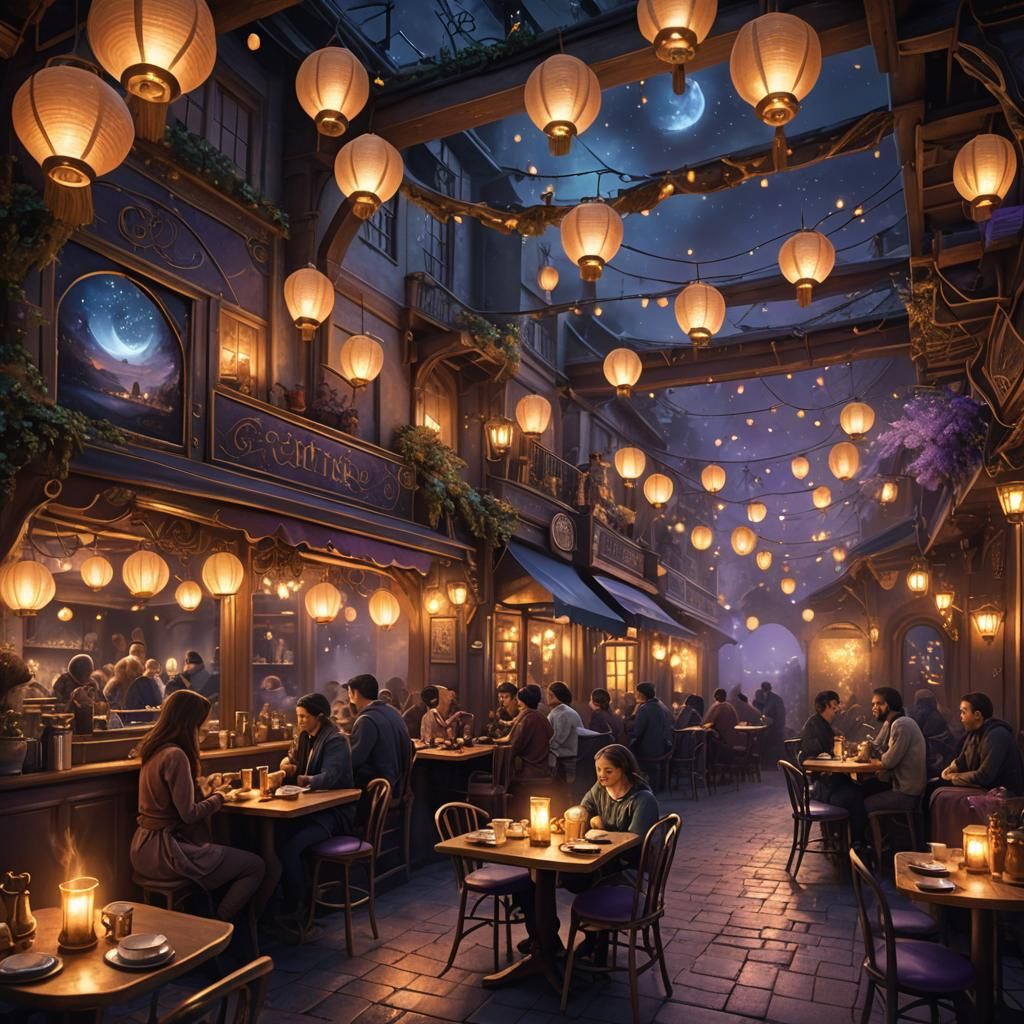 Mystical Night Cafe Scene in Fantasy Style
