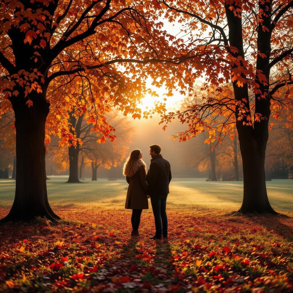 Couple Enjoying Autumn Day in Park as Golden Hour Painting