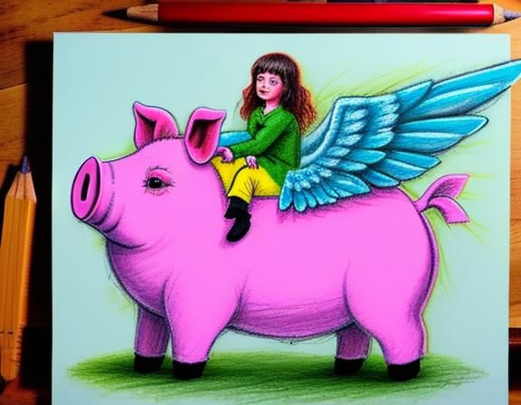 Woman Rides a Winged Pig in Oil Pastel Drawing