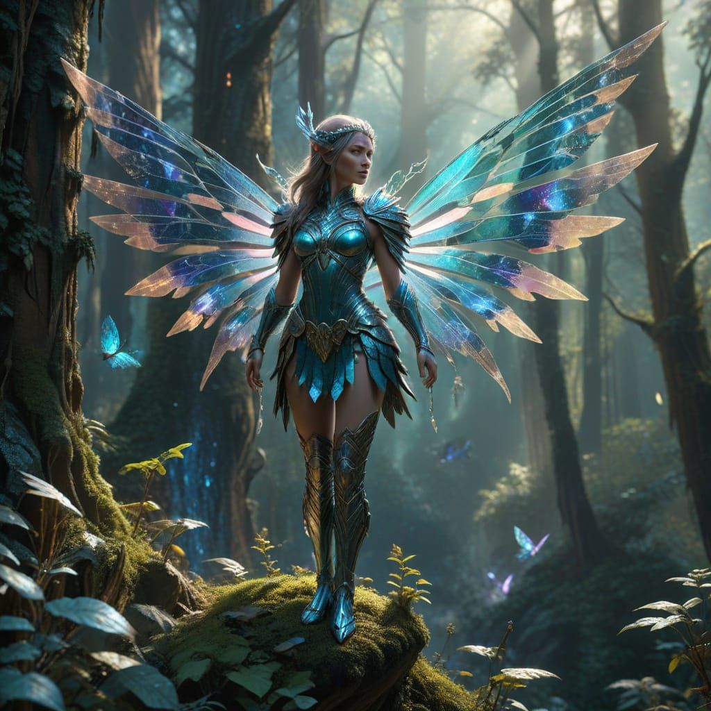 Majestic Fairy in Crystalline Armor Over Ancient Forest