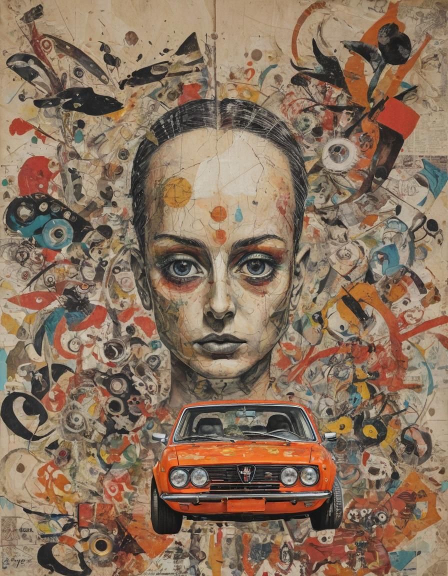 Colorful Abstract Folk Art Collage in Mixed Media