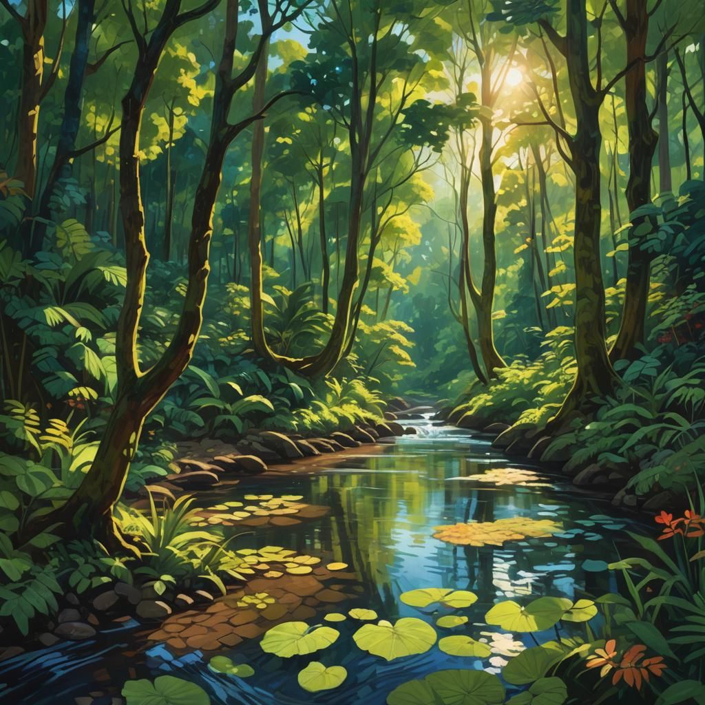 Gauguin-Inspired River Through Forest, Digital Painting