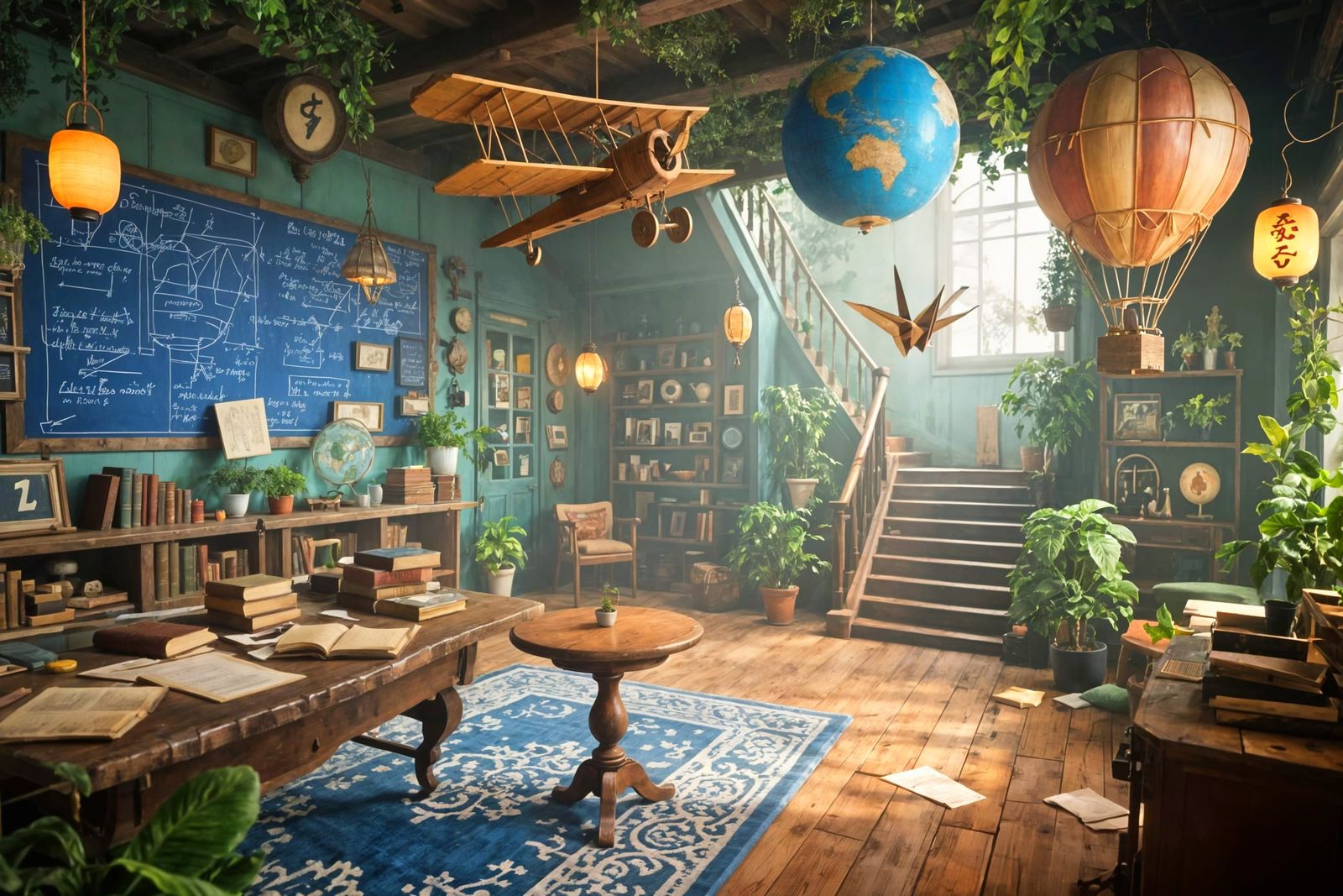 Vintage Engineer's Study: Blueprints, Books, and Flying Mach...