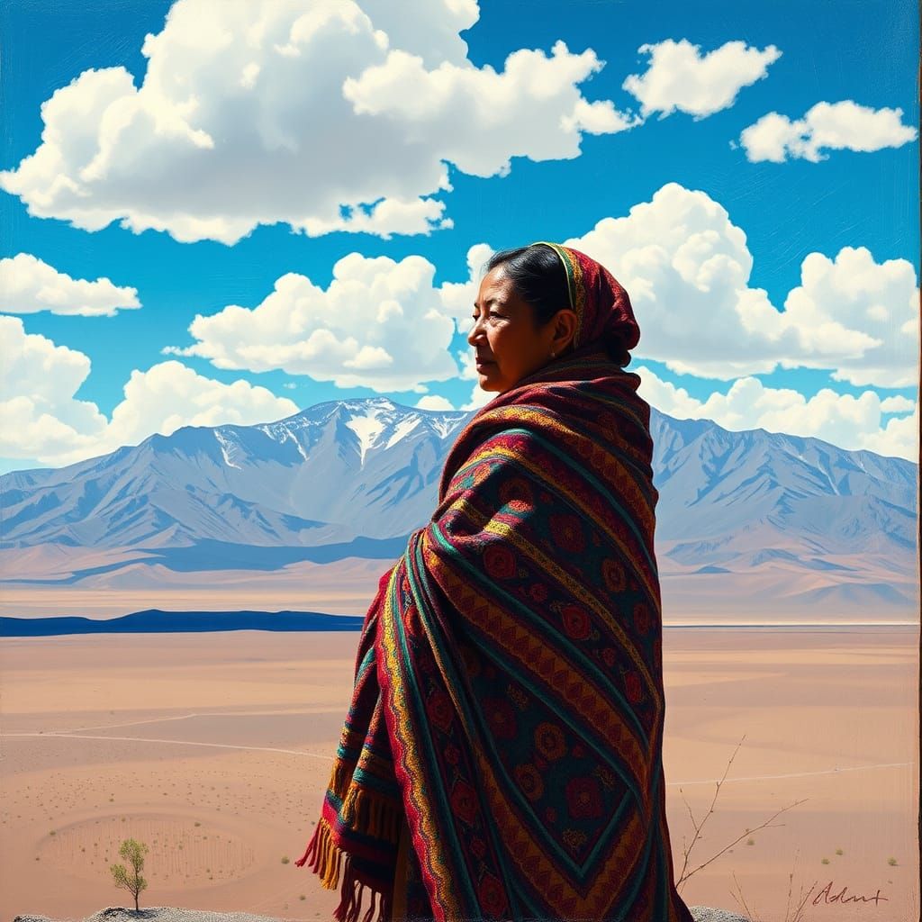 Andean Woman in Altiplano Landscape, Latin American Folk Art
