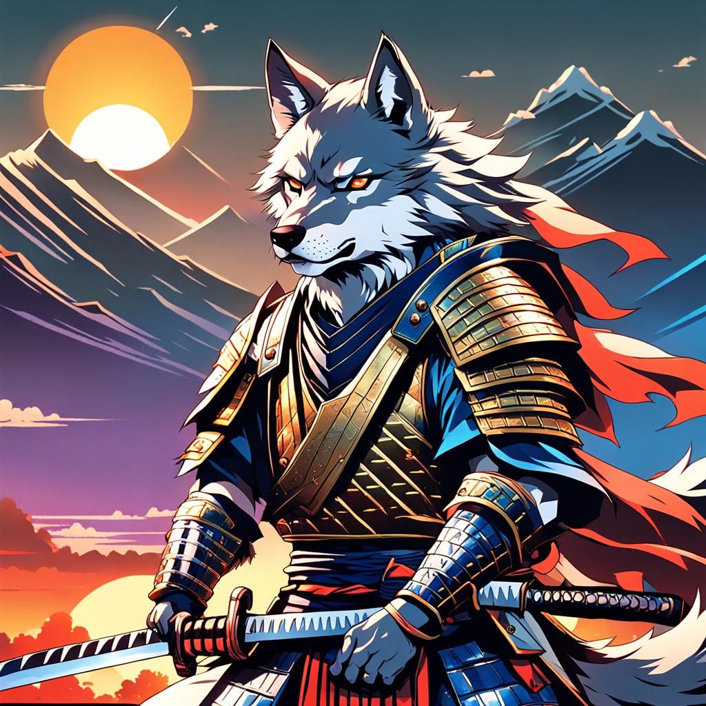 Anime Wolf Samurai with Katana in Sunset Armor