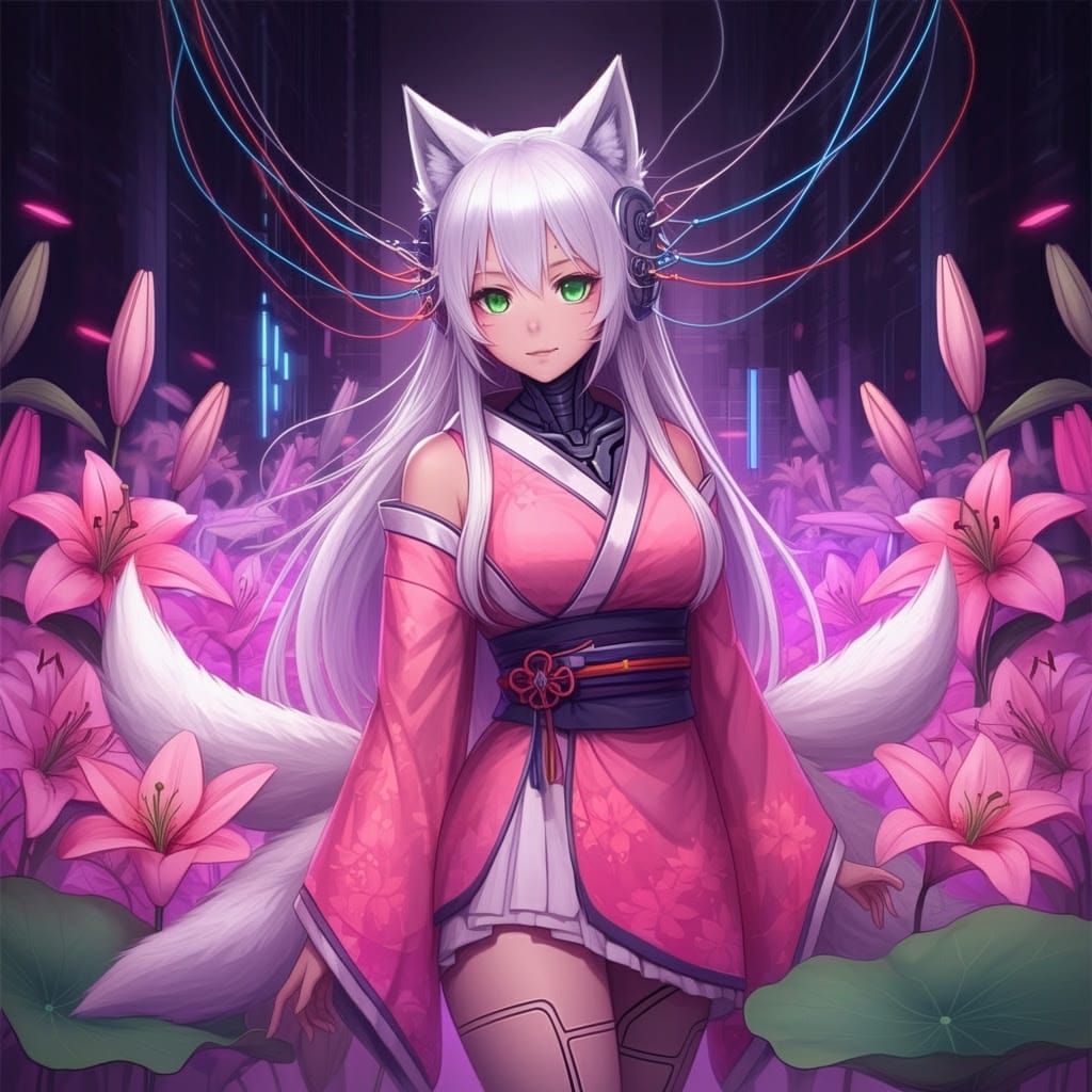 Anime Cybernetic Fox-Wolf Girl in Neon Lily Garden