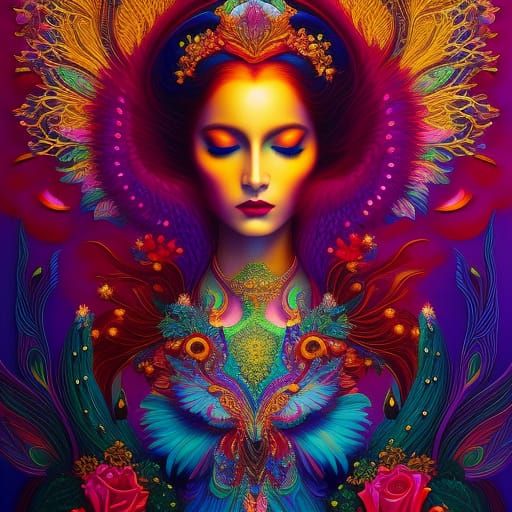 Celestial Women with Birds in Neon Lighting