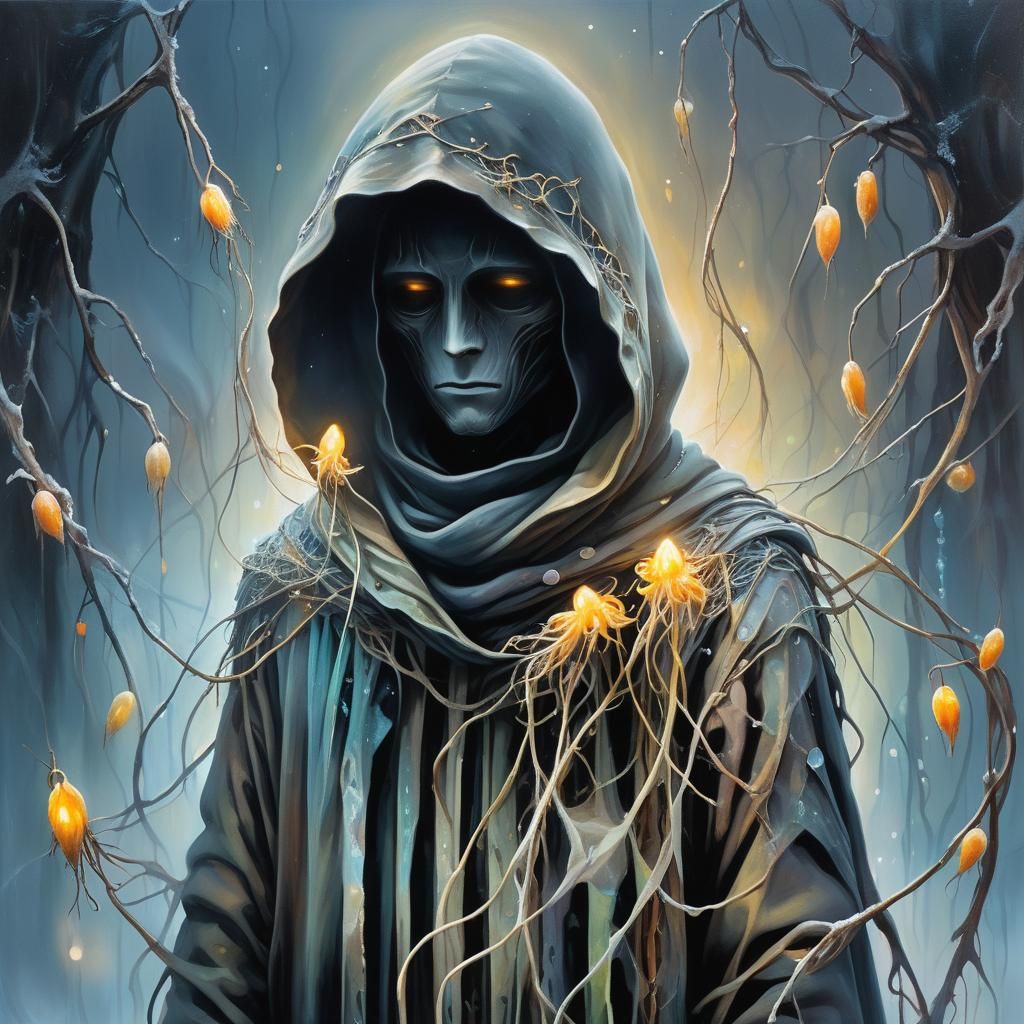 Eerie Hooded Figure in Dystopian Surrealism