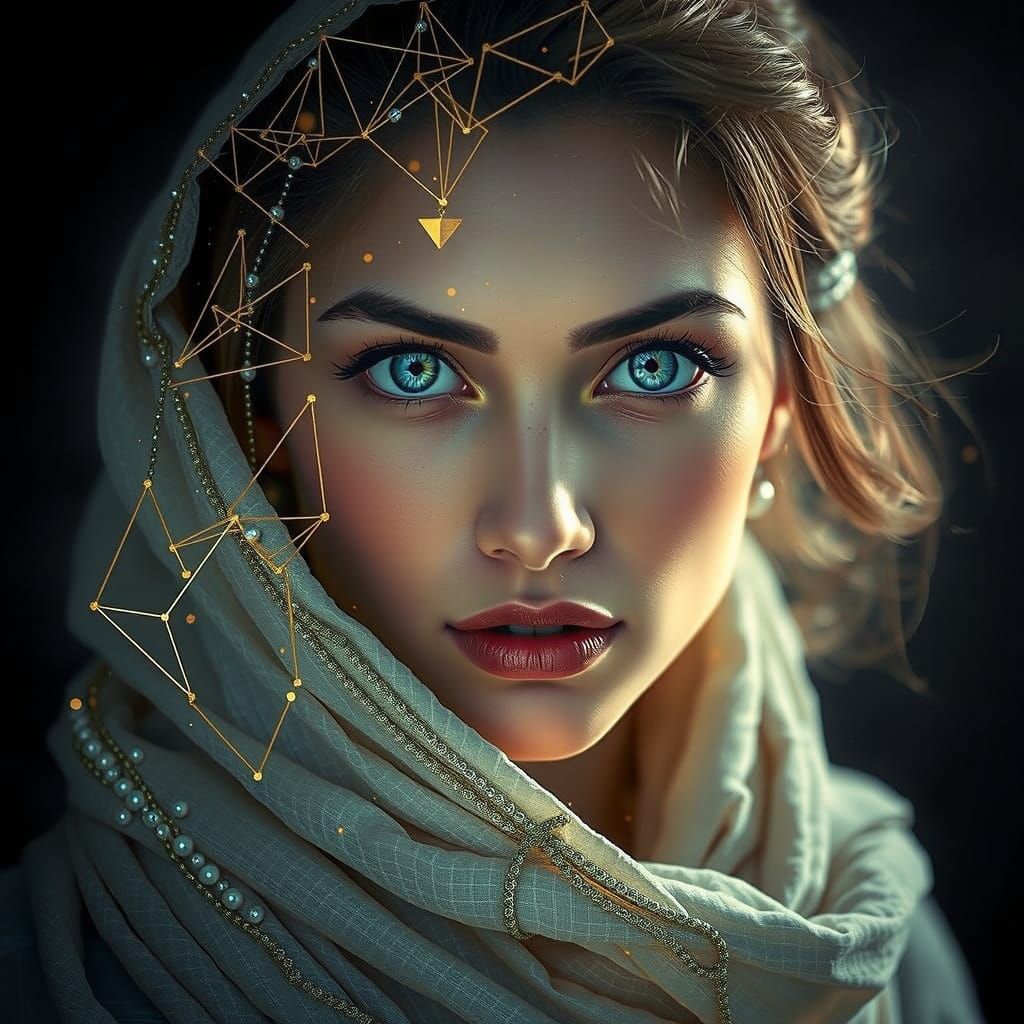 Ethereal Goddess in Phoenix Aura with Golden Geometric Intri...