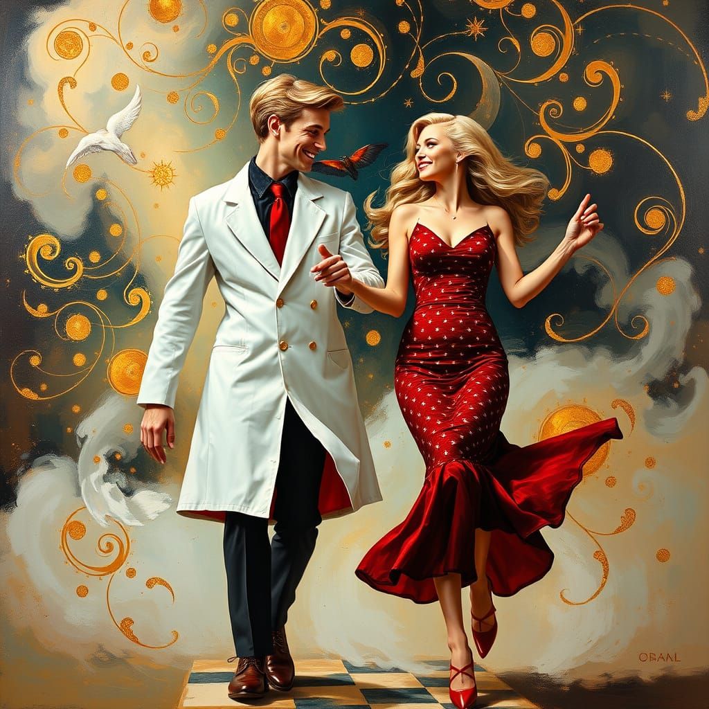 Rockabilly Scientist Dancing in Art Nouveau Dreamscape