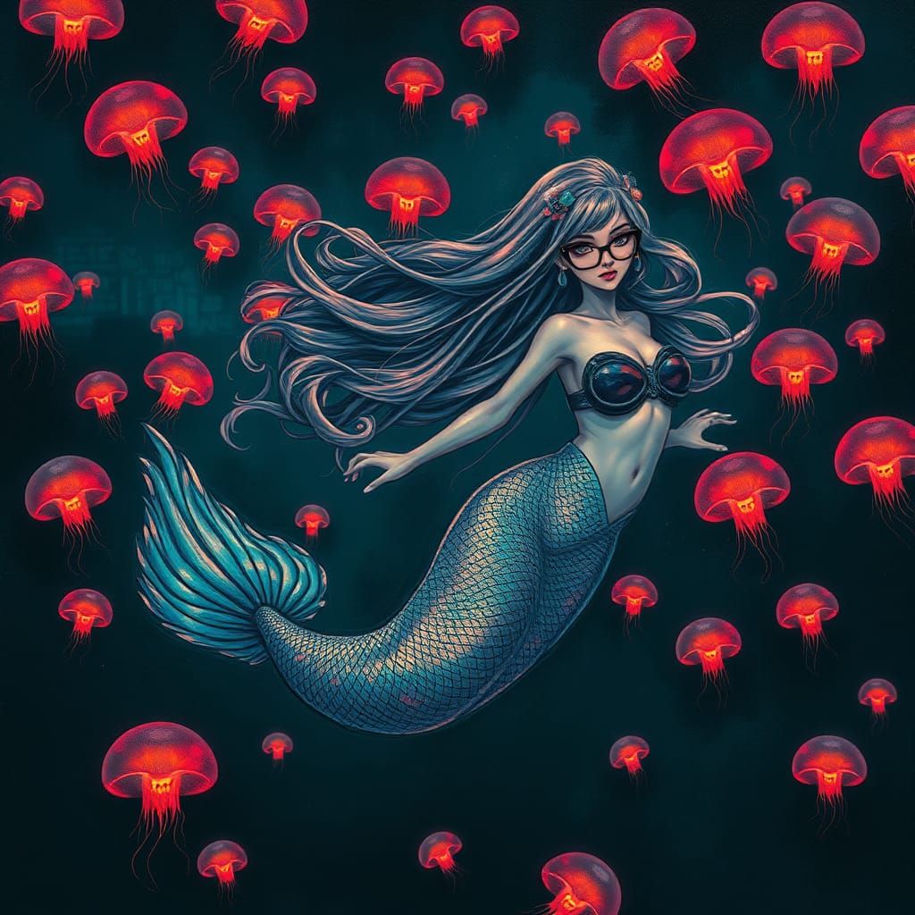 Mermaid with Glasses in Glowing Underwater Cityscape