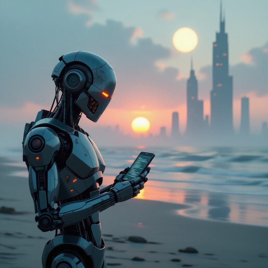 Dystopian Android on Polluted Beach at Twin Sunset