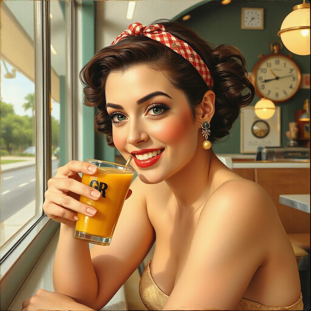 Happy Brunette Enjoys GOR Juice at Diner