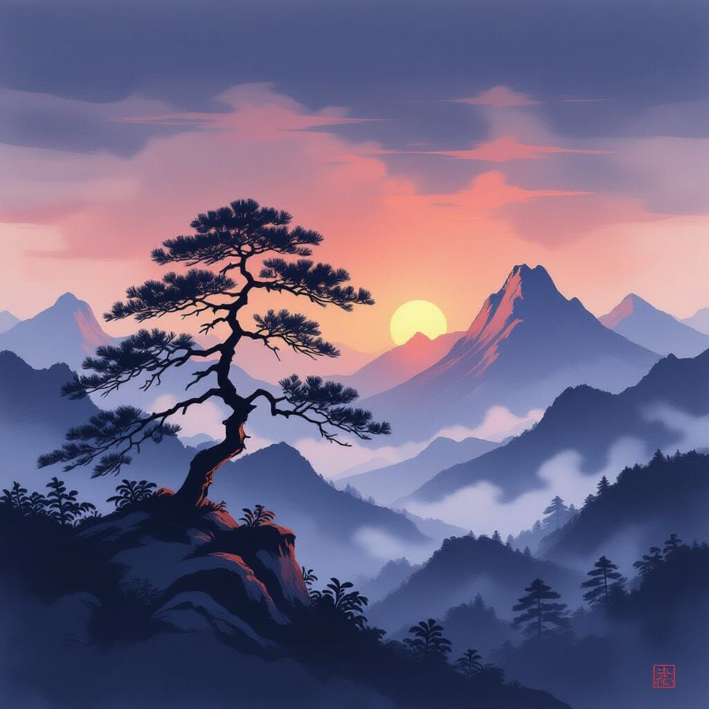 Ancient Pine Tree at Dawn in Japanese Ink Wash Style