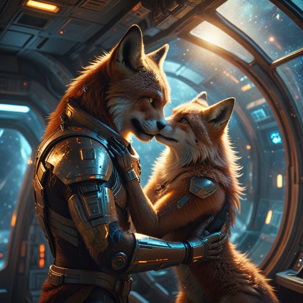 fox woman cuddling a cat man in space