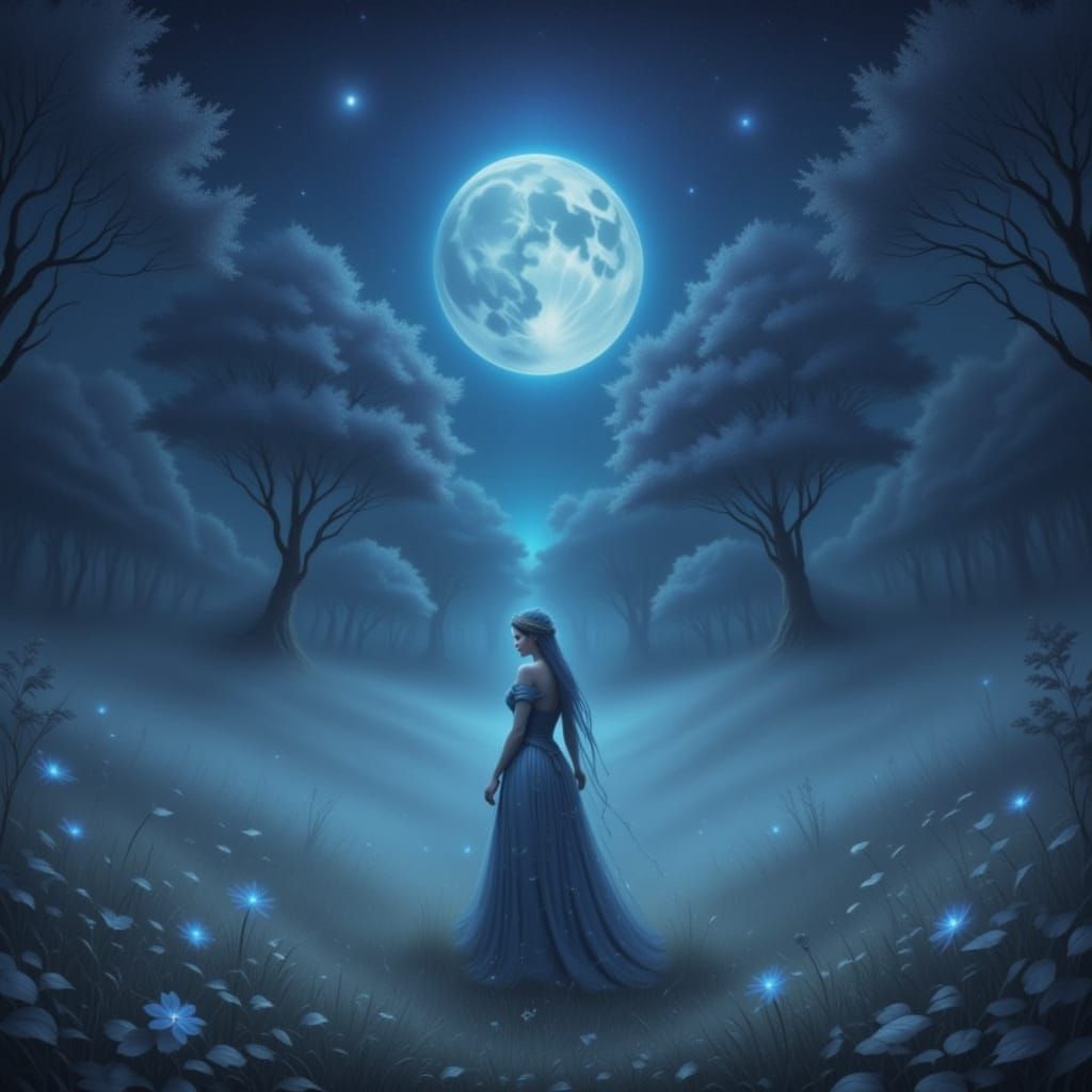 Ethereal Blue Moonlit Nightscape