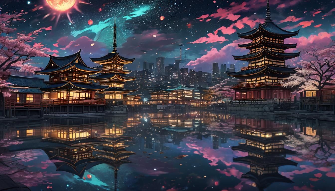 Starry Night Asakusa Illustration with Neon Lights