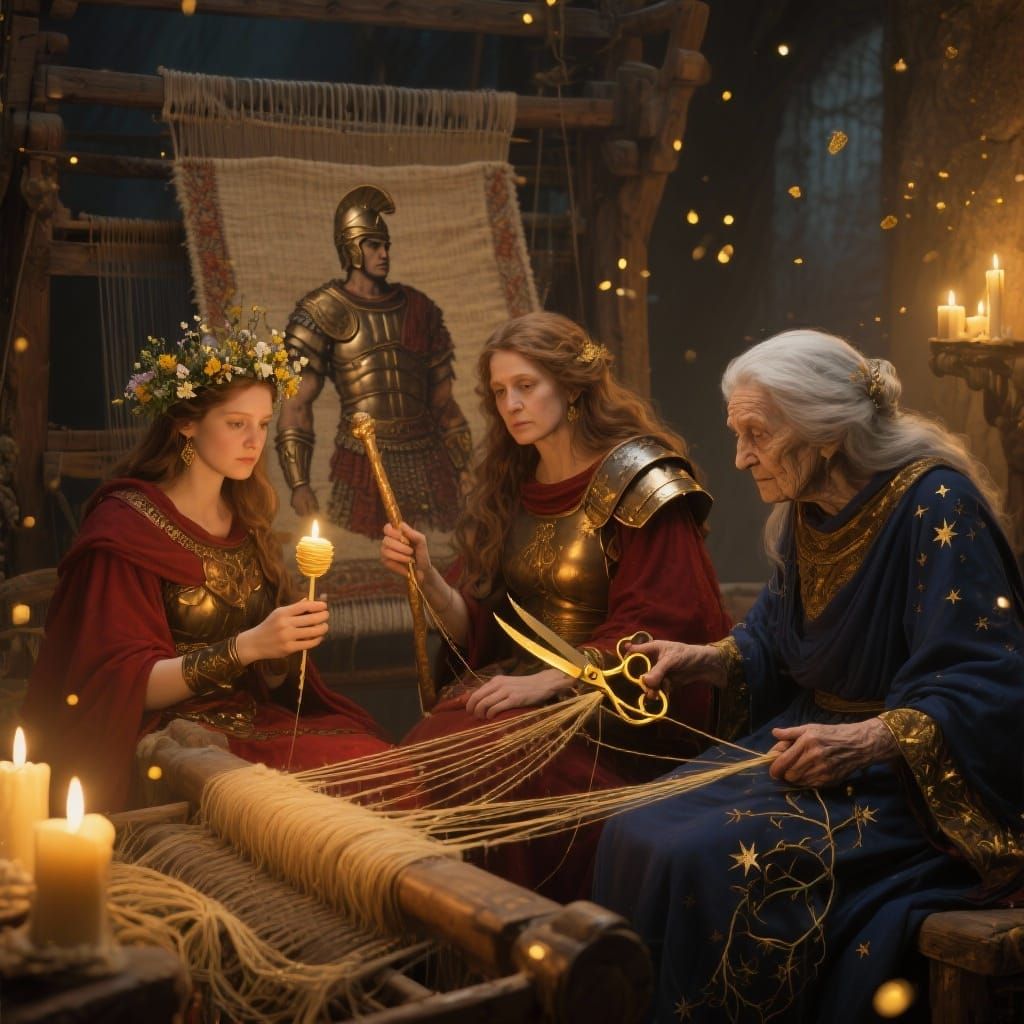 The Three Fates (Moirai) — Maiden, Mother, and Crone — sit t...