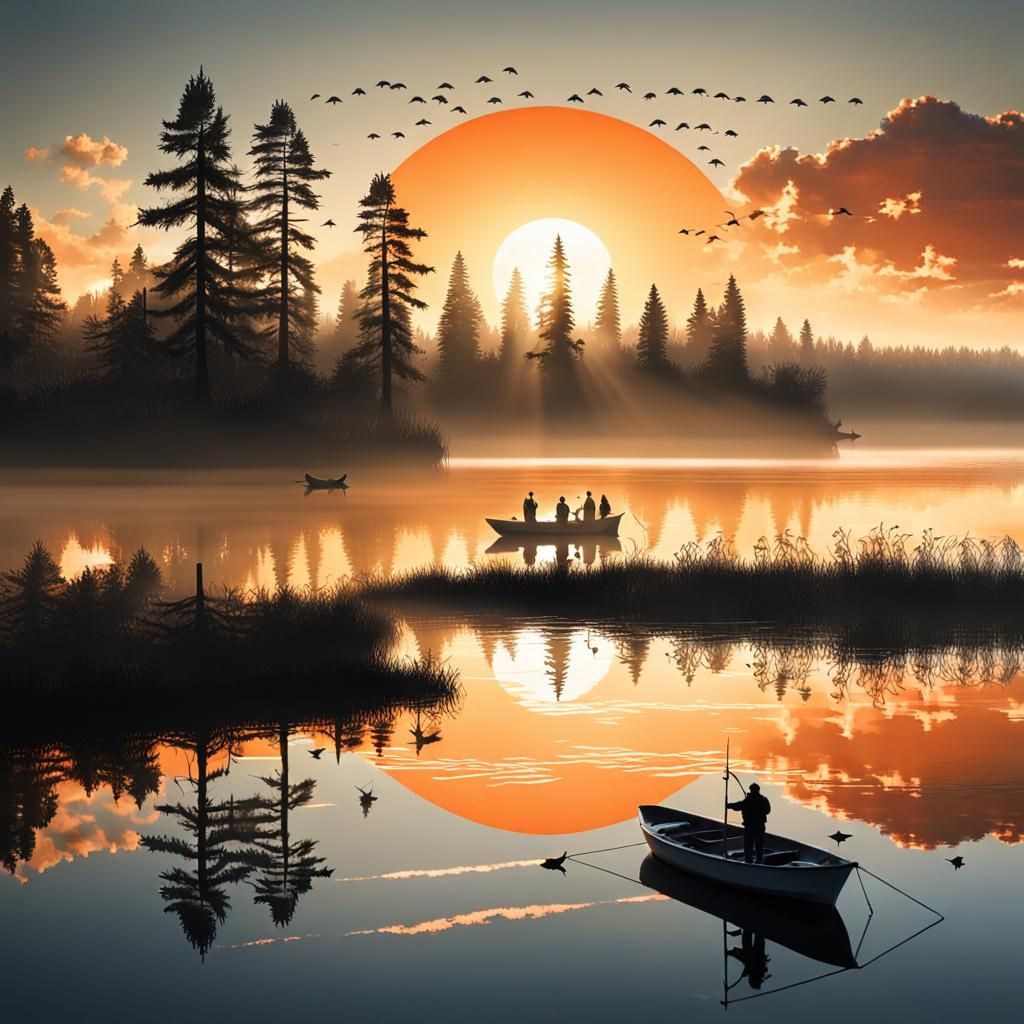 Orange Sun Rises Over Lake: Surreal Digital Art