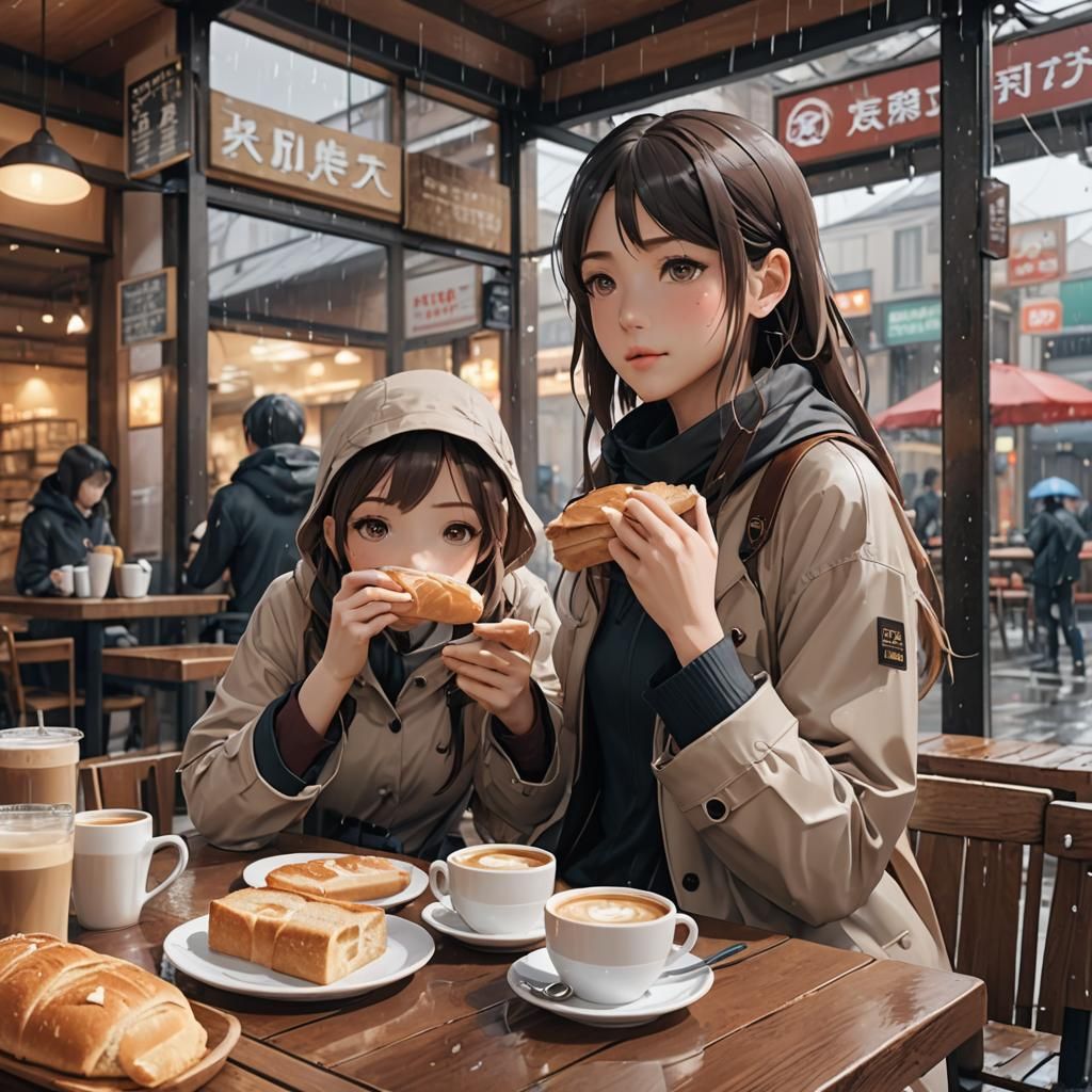 Anime Girl at Cafe on Rainy Day in 3D