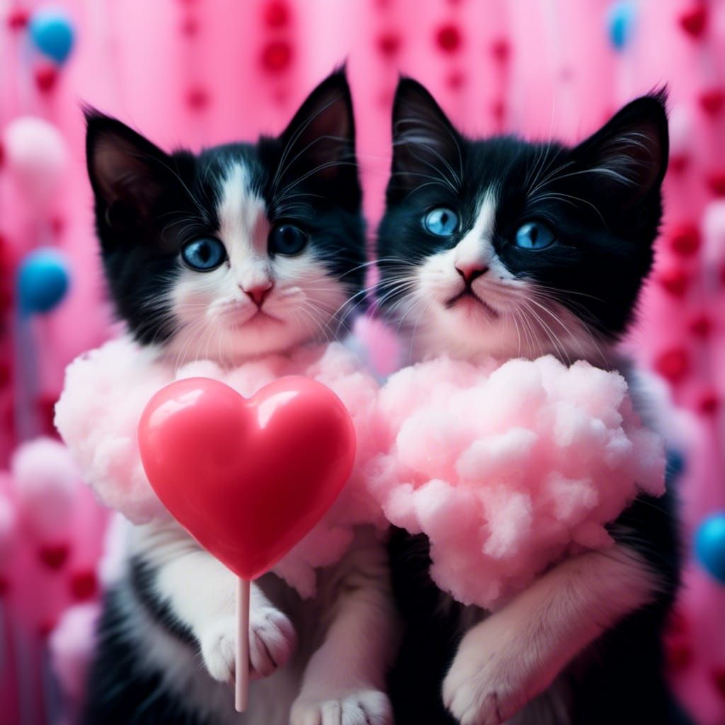 Chibi Kittens Share Cotton Candy: Emotional Hyperrealism