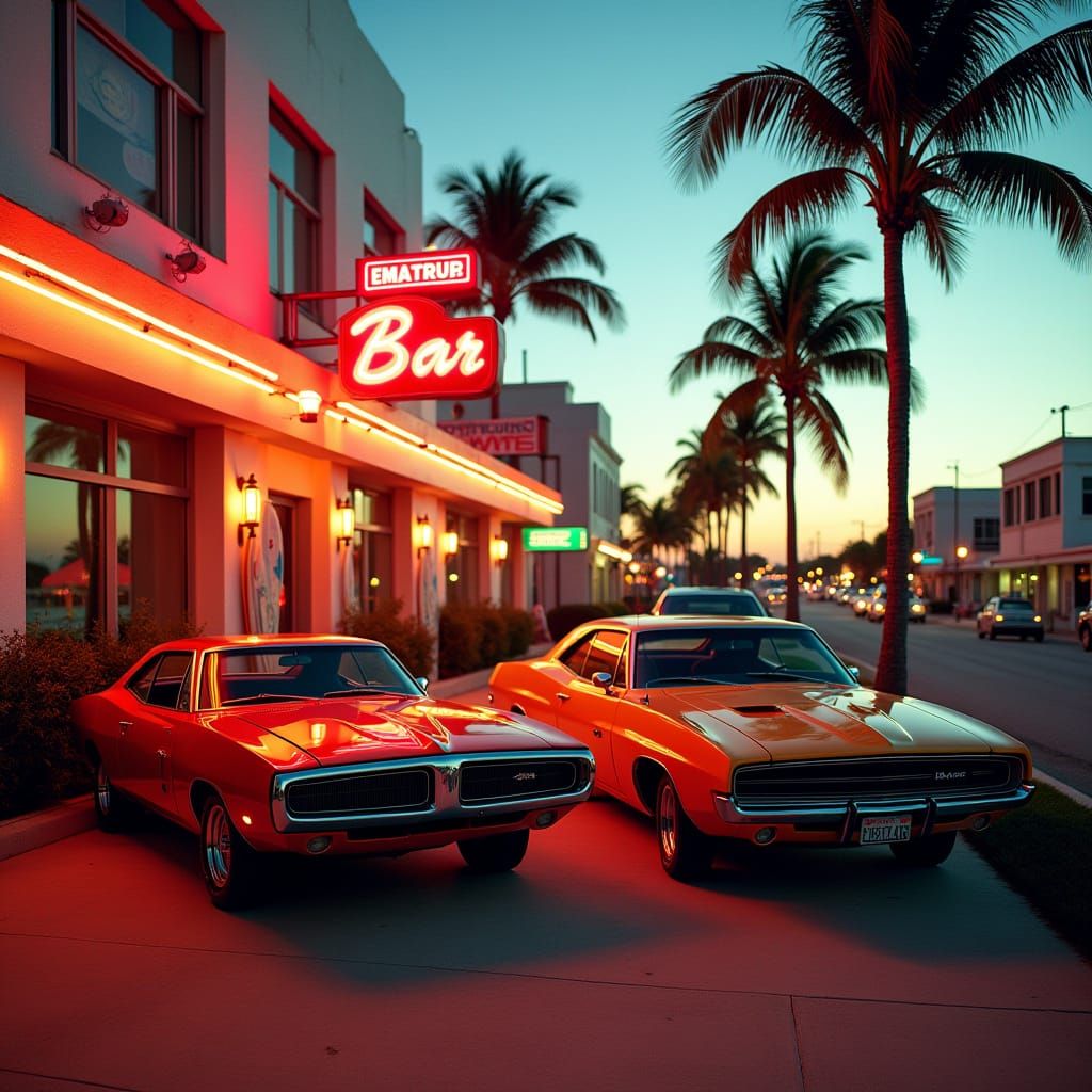 Miami Sunset: Classic Dodge Cars in Retro Neon