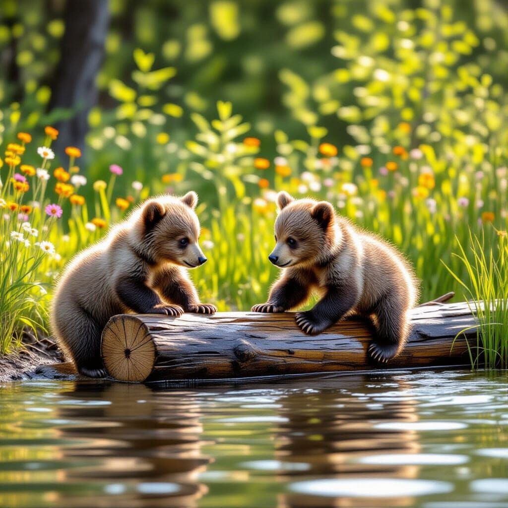 Fluffy Bear Cubs Push Log Into Pond in Summer Forest