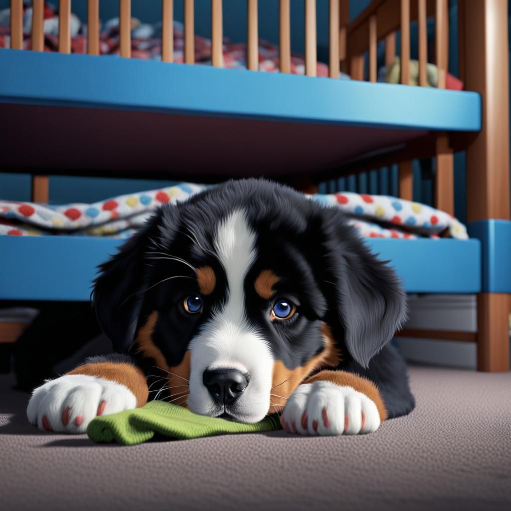 Bernese Puppy Mischief: Sock Thief Under the Bed