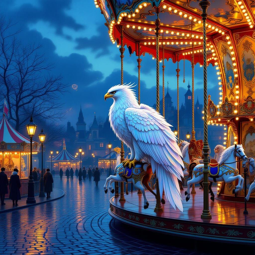 Majestic Griffin Overlooks Victorian Fairground at Twilight