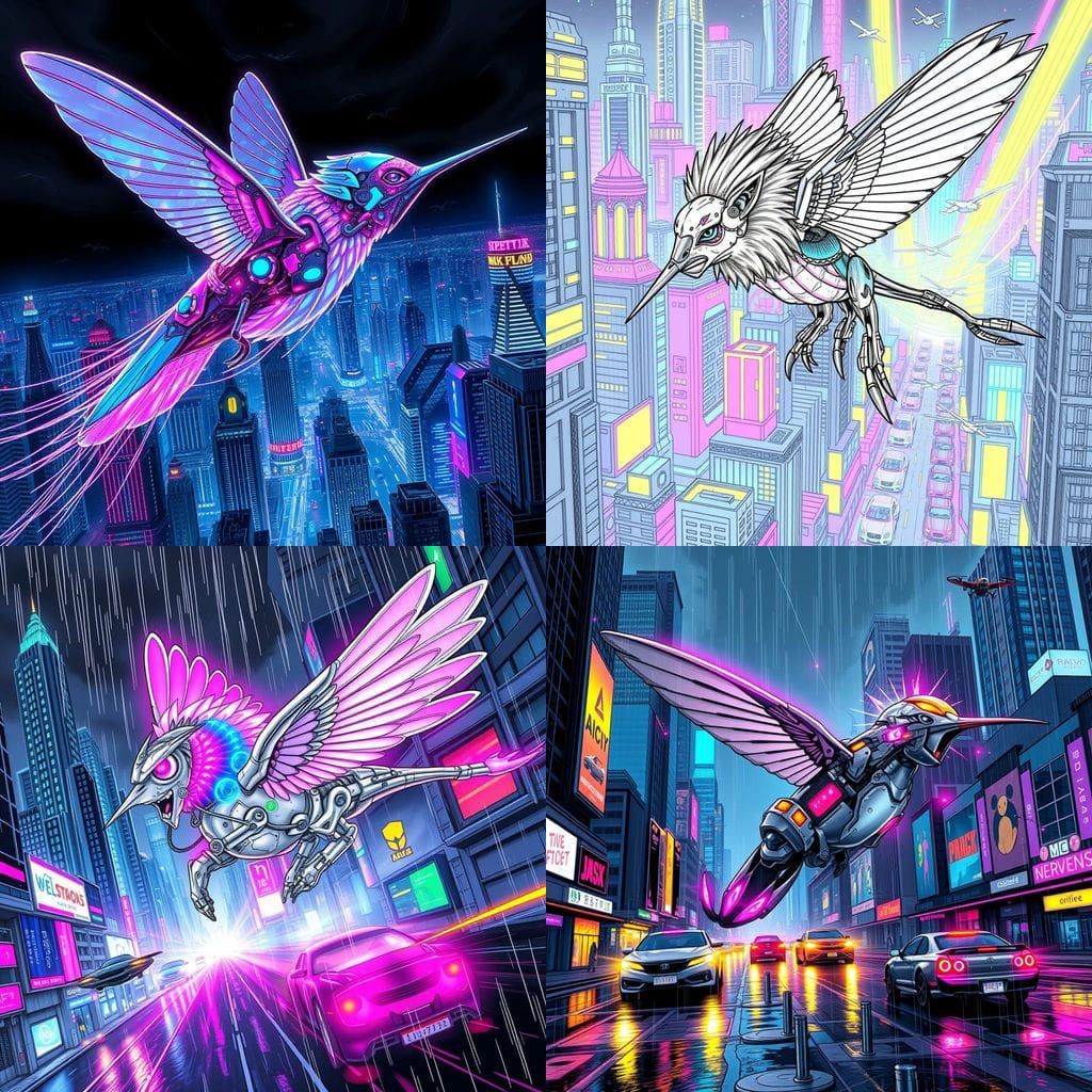 Cybernetic Lion-Hummingbird Soars Through Futuristic City