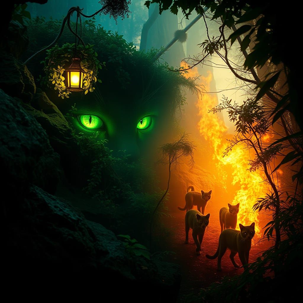 Emerald Jungle Inferno: Mysterious Feline Realm