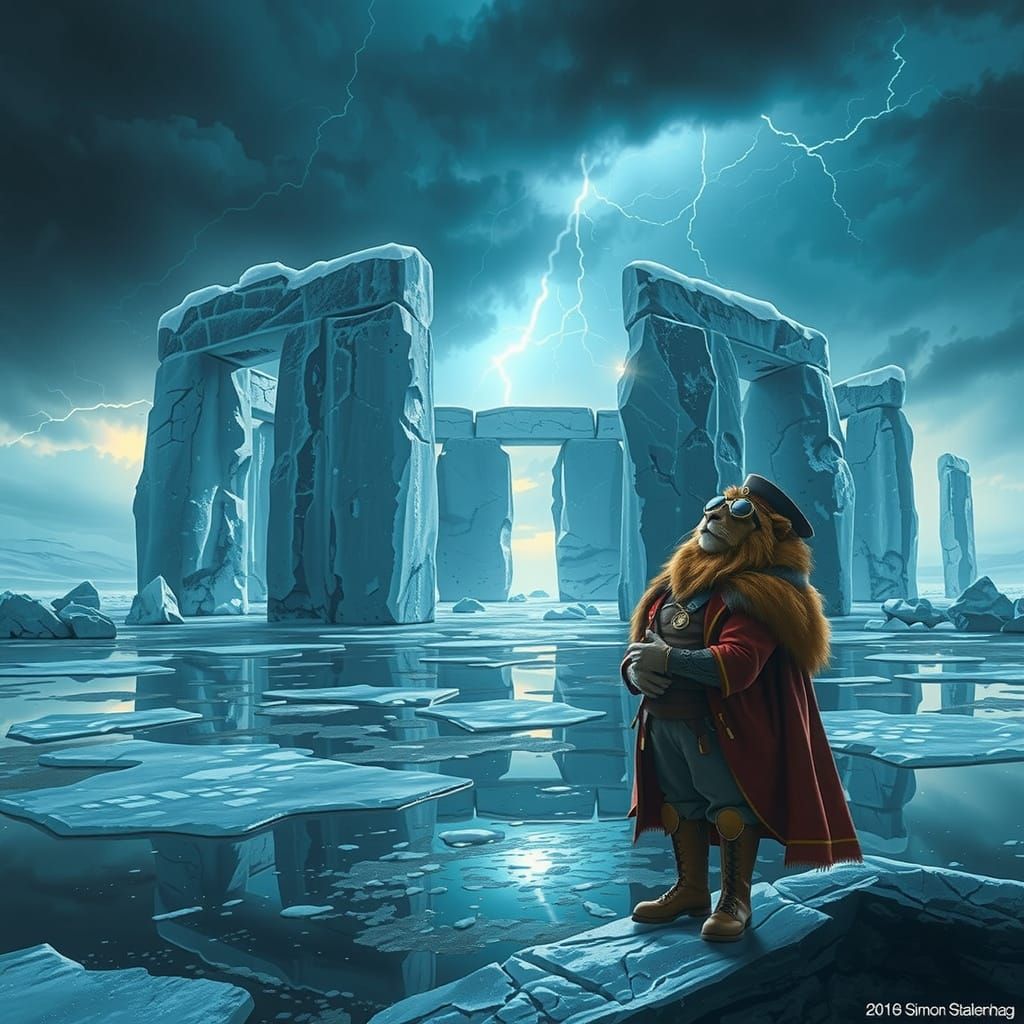 Steampunk Lion Gazing at Frozen Stonehenge Monument