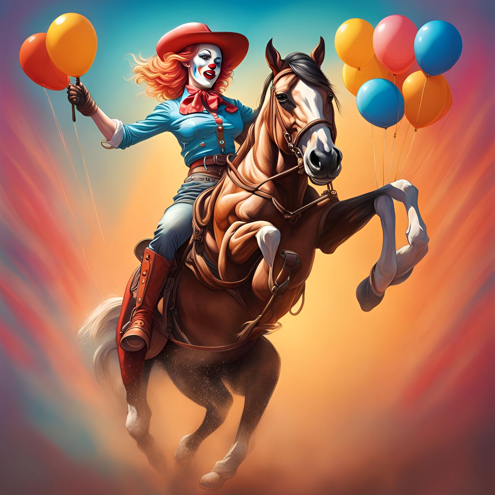 Hyperrealistic Pinup Cowgirl Clown on Horseback